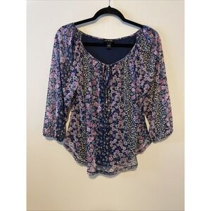 A. Byer S Navy Floral Peasant Blouse Y2K Boho Tie Neck 3/4 Sleeve
